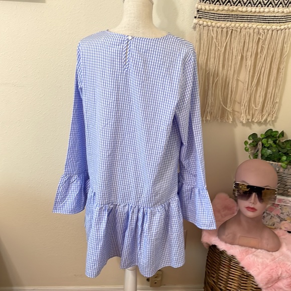 Lucy Wang Plaid Long Sleeved Blue & White Mini Dress with Bottom Ruffle/ Large - Picture 6 of 7